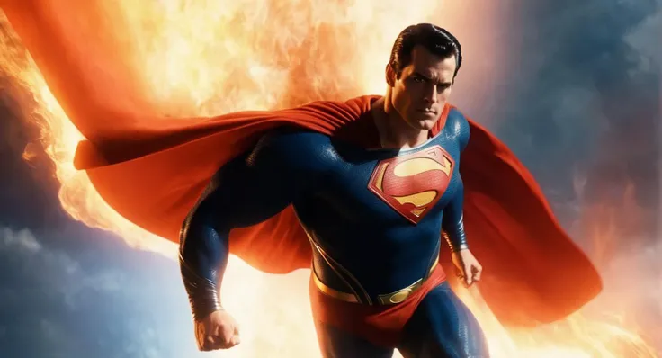 concept art of Cinematic Film stock footage in (arri alexa style) Kodak film print, <lora:Superman:1> Superman a man in a superman costume flying through the air while fiery beams of intensified heat coming out from both eyes, digital artwork, illustrative, painterly, matte painting, highly detailed