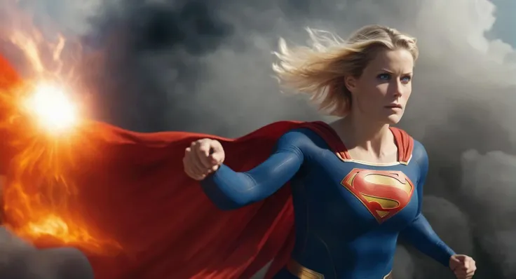 concept art of Cinematic Film stock footage in (arri alexa style) Kodak film print, <lora:Superman:1> Superman a woman dressed as a supergirl with a heat vision fiery beams of intensified heat coming out from both eyes, digital artwork, illustrative, painterly, matte painting, highly detailed