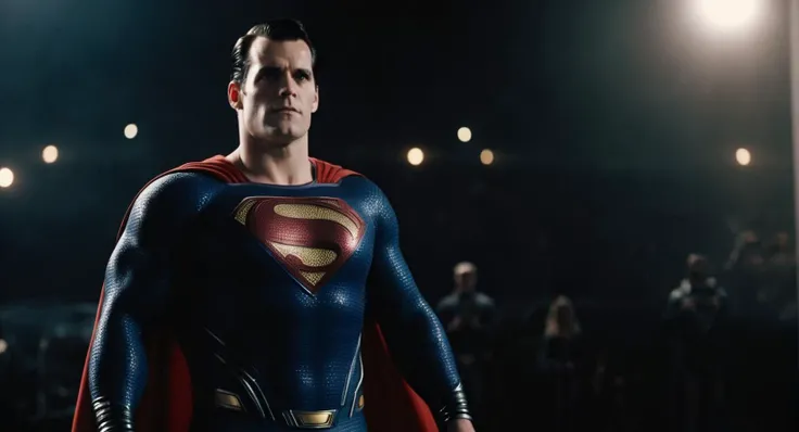 cinematic film still of Cinematic Film stock footage in (arri alexa style) Kodak film print, <lora:Superman:1> Superman a man in a superman costume standing in front of a black background, shallow depth of field, vignette, highly detailed, high budget, bokeh, cinemascope, moody, epic, gorgeous, film grain, grainy
