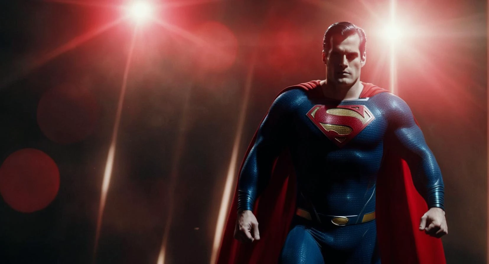 cinematic film still of Cinematic Film stock footage in (arri alexa style) Kodak film print, <lora:Superman:1> Superman with red eyes beams of gamma ray coming out from both red eyes, shallow depth of field, vignette, highly detailed, high budget, bokeh, cinemascope, moody, epic, gorgeous, film grain, grainy