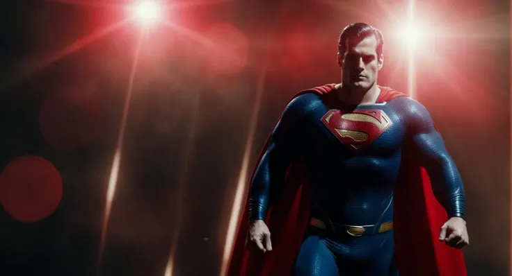 cinematic film still of Cinematic Film stock footage in (arri alexa style) Kodak film print, <lora:Superman:1> Superman with red eyes beams of gamma ray coming out from both red eyes, shallow depth of field, vignette, highly detailed, high budget, bokeh, cinemascope, moody, epic, gorgeous, film grain, grainy