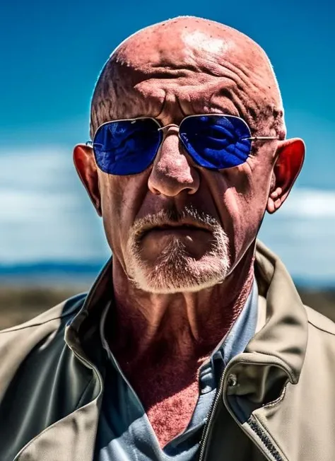(masterpiece, best quality), Jonathan Banks as Mike Ehrmantraut (hold crystall blue meth), sunglasses, 1man, professional photography, high resolution, 8k, detailed photo <lora:mikeet:1>, hyperealistic, ultrasharp