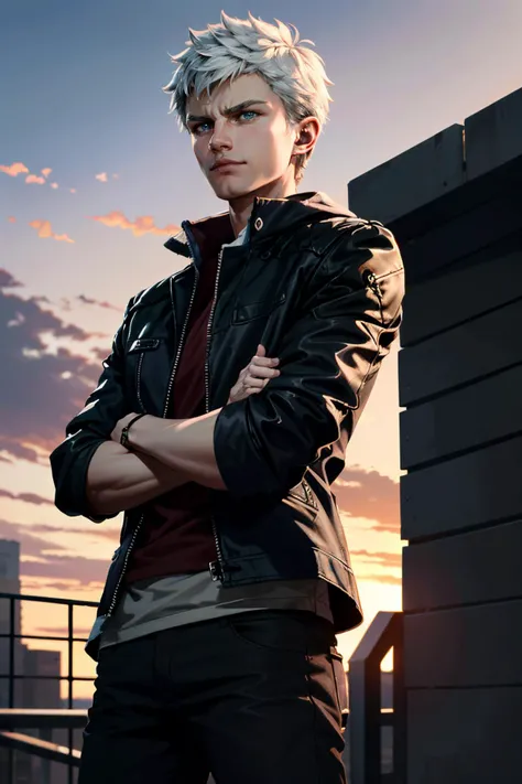 ((ultra detailed, masterpiece, absurdres))
<lora:DMC5Nero:0.9>
DMC5Nero, 1boy, solo, short hair, white hair, blue eyes, Beach sunset, dynamic lighting, sitting on driftwood, barefoot, casual charm, open shirt