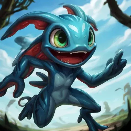 (((masterpiece, best quality))), Digital painting, close-up of fizz_lol, amphibian creature, upper body, smile, open mouth, face, jumping (tentacle hair:1), <lora:m99_bellybuttonremover_1:0.5> <lora:Fizzv3:0.7>