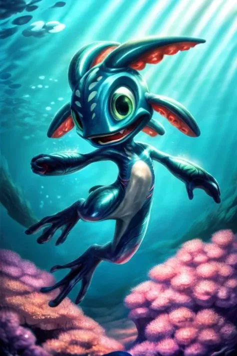 (((masterpiece, best quality))), real life, realistic, 8k, stunningly beautiful, highly detailed, depth of field, complex background, BREAK fizz_lol, (amphibian:0.7), furry, solo, full body, (tentacle_hair:1.2), open mouth, gills, webbed feet, BREAK smooth skin, sideview, dutch angle, underwater, swimming, coral reef, bubbles, sunbeam, particles <lora:Fizzv4:0.8> <lora:more_details:0.7>