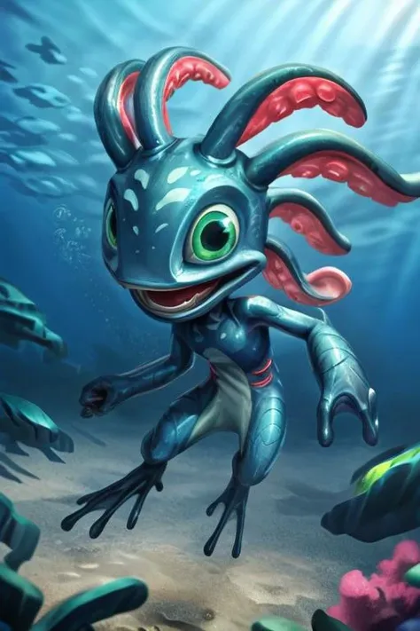 (((masterpiece, best quality))), digital painting, 8k, stunningly beautiful, highly detailed, depth of field, complex background, BREAK fizz_lol, solo, full body, tentacle_hair, open mouth, gills, webbed feet, webbed fingers, BREAK smooth skin, underwater, swimming, coral reef, bubbles <lora:Fizzv5-step00004500:0.8>  <lora:more_details:0.5>