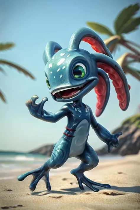 (((masterpiece, best quality))), digital painting, 8k, stunningly beautiful, highly detailed, depth of field, complex background, BREAK fizz_lol, (amphibian:0.5), solo, full body, tentacle_hair, open mouth, gills, (webbed feet:1.2), webbed fingers BREAK smooth skin, standing, beach <lora:Fizzv5-step00004500:0.8>  <lora:more_details:0.5>