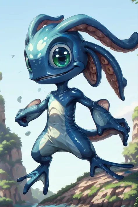 (((masterpiece, best quality))), digital painting, 8k, stunningly beautiful, highly detailed, depth of field, complex background, BREAK fizz_lol, (amphibian:0.5), solo, full body, tentacle_hair, open mouth, gills, (webbed feet:1.2), flat feet, white soles, webbed fingers BREAK smooth skin, standing up, grass, meadow  , back view, rear view, view from behind,