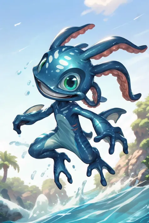 fizz_lol,(webbed feet:1.1),( tentacle_hair:1.1),gills,short tail,
solo, smile, 
 full body, jumping, 
water, 
<lora:Fizzv4:0.8>,
<lora:more_details:0.4>,
highly detailed, (hi res), ((masterpiece)), ((best quality)) , 4k, (high detail:1.3),