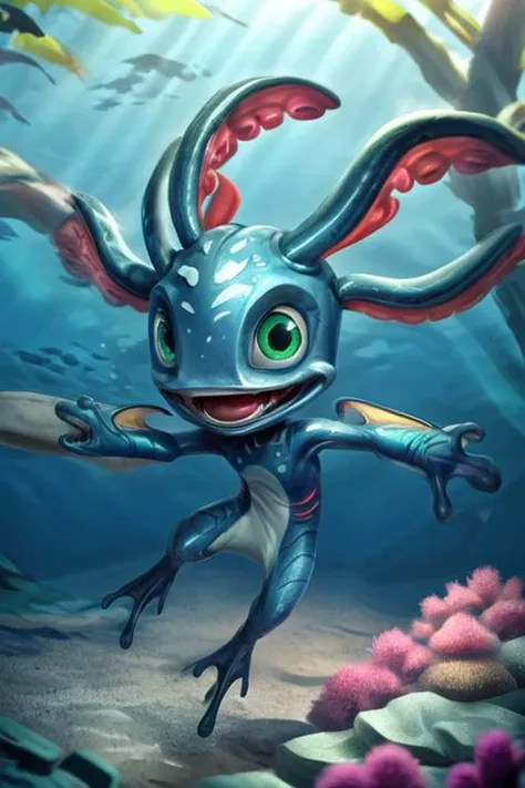 (((masterpiece, best quality))), digital painting, 8k, stunningly beautiful, highly detailed, depth of field, complex background, BREAK fizz_lol, (amphibian:0.5), solo, face, full body, (tentacle_hair:0.5), open mouth, gills, webbed feet, webbed fingers, BREAK smooth skin, underwater, swimming, coral reef, bubbles <lora:Fizzv5-step00004500:0.8> <lora:more_details:0.5>