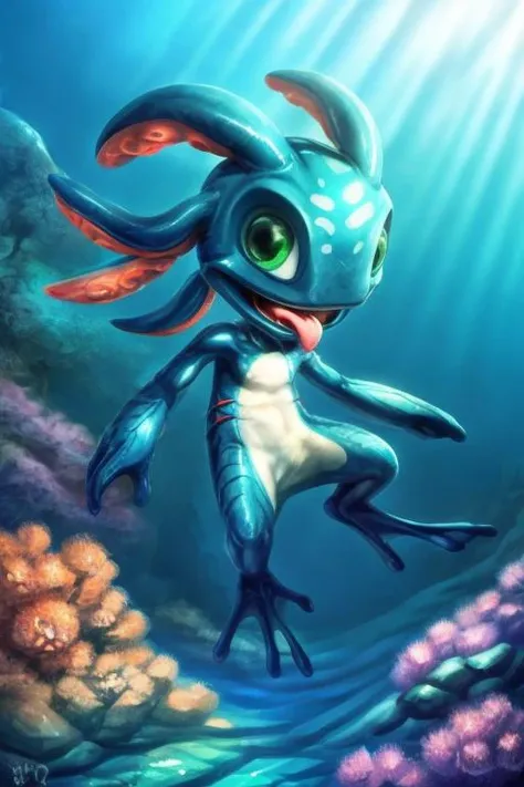 (best quality, masterpiece, 8k), (anime, digital painting: 1.1), (masterpiece, dramatic lighting), BREAK solo, fizz_lol, cowboy shot, face, tentacle_hair, gills, short tail, (amphibian:0.3), cute, smooth skin, oiled, wet, confident, tilted head, open mouth, tongue out, sunlight, light rays, shaded face <lora:Fizzv5:0.8>  <lora:m99_bellybuttonremover_1:0.3>