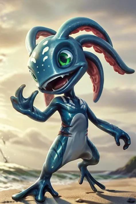 (((masterpiece, best quality))), digital painting, 8k, stunningly beautiful, highly detailed, depth of field, complex background, BREAK fizz_lol, solo, full body, tentacle_hair, open mouth, gills, webbed feet, webbed fingers, BREAK smooth skin, standing, beach, sunset <lora:Fizzv5-step00004500:0.8>  <lora:more_details:0.5>