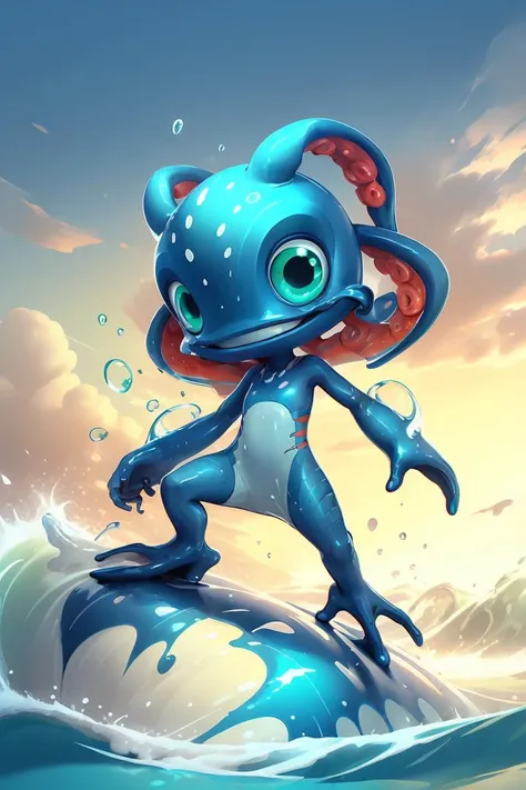 (((masterpiece, best quality))) (drawing, flat colors, anime), stunningly beautiful, highly detailed, BREAK fizz_lol, solo,full body, webbed feet, tentacle_hair, short tail, smile BREAK wet, ocean, surfing waves, red surfboard, sunset <lora:FizzLora:0.8>