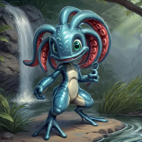 ((masterpiece, best quality)),
(amphibian:0.5), fizz_lol, (huge webbed feet:1.2),( tentacle_hair:1.1), sole,shiny skin, oil skin, standing,nude,(thick thighs:1.15), (chubby:0.5), (plump:0.5),cute,aged down, toes ,fangs,toes,
, flat feet, waterfall, rain,
<lora:Fizzv5:0.65>, <lora:more_details:0.3>
