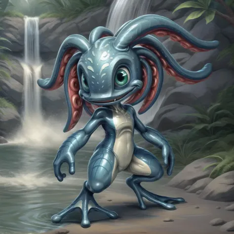 (((masterpiece, best quality))), digital painting, 8k, stunningly beautiful, highly detailed, depth of field, complex background, BREAK fizz_lol, (amphibian:0.5), solo, full body, tentacle_hair, smiling, grinning, gills, (webbed feet:1.2), flat feet, white soles, webbed fingers BREAK smooth skin, squatting,  grass, meadow  , back view, rear view, view from behind,