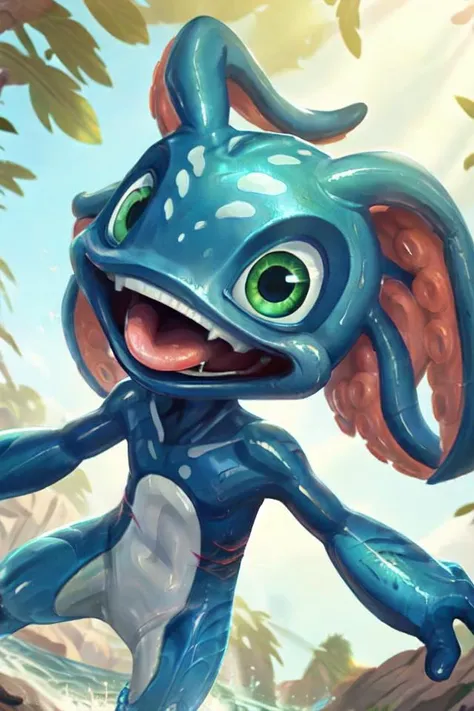 (best quality, masterpiece, 8k), (anime, digital painting: 1.1), (masterpiece, dramatic lighting), BREAK solo, fizz_lol, cowboy shot, face, tentacle_hair, gills, (amphibian:0.3), cute, smooth skin, oiled, wet, confident, tilted head, open mouth, tongue out, sunlight, light rays, shaded face <lora:Fizzv5:0.8>