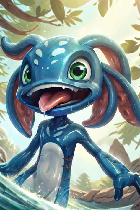 (best quality, masterpiece, 8k), (anime, digital painting: 1.1), (masterpiece, dramatic lighting), BREAK solo, fizz_lol, cowboy shot, face, tentacle_hair, gills, (amphibian:0.3), cute, smooth skin, oiled, wet, confident, tilted head, open mouth, tongue out, sunlight, light rays, shaded face <lora:Fizzv5:0.8>