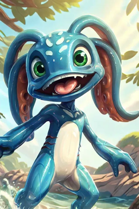 (best quality, masterpiece, 8k), (anime, digital painting: 1.1), (masterpiece, dramatic lighting), BREAK solo, fizz_lol, cowboy shot, face, tentacle_hair, gills, (amphibian:0.3), cute, smooth skin, oiled, wet, confident, tilted head, open mouth, tongue out, sunlight, light rays, shaded face <lora:Fizzv5:0.8>