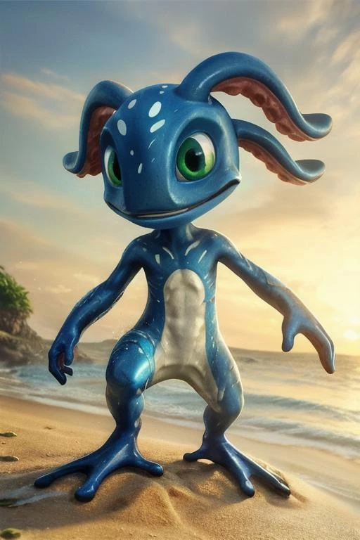 (((masterpiece, best quality))) (photorealistic), stunningly beautiful, highly detailed, sharp focus, BREAK fizz_lol, solo,full body, webbed feet, tentacle_hair, BREAK wet, beach, sunset <lora:FizzLora-000015:0.7>