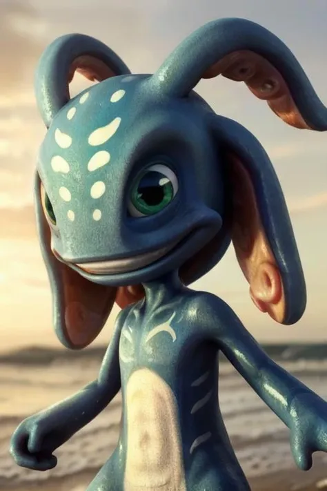 (((masterpiece, best quality))) (photorealistic), cute, stunningly beautiful, highly detailed, BREAK fizz_lol, solo, face, smile, close-up, sideview, short tail, (tentacle hair:1), BREAK wet, beach, sunset <lora:FizzLora:0.7>