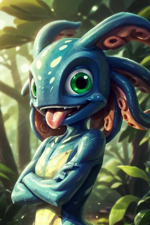 (((masterpiece, best quality))) (digital art), stunningly beautiful, highly detailed, BREAK fizz_lol, solo, face, close-up, Langfinger, tongue out, tentacle_hair, BREAK wet, sideview, ((crossed arms)), magical fairy forest, light beams, bokeh <lora:FizzLora-000015:0.75>