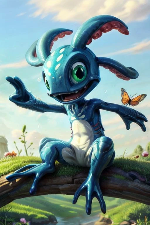 (((masterpiece, best quality))), digital art, 8k,, stunningly beautiful, highly detailed, sharp focus, BREAK fizz_lol, (amphibian:0.3), solo, tentacle_hair, gills, webbed feet, BREAK wet, rain, flowers, meadow, overcast, cloudy sky, sitting, close-up, playing with butterflies, curios, arms up, open mouth, from below <lora:FizzLora-000015:0.75> <lora:more_details:0.5>
