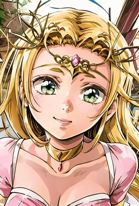 (masterpiece, best quality), 1girl, <lora:Kai_Aphrodite:0.8> Aphrodite, blonde hair, long hair, green eyes, head ornament, necklace, pink midriff dress, golden belt, pink microskirt, sandals,