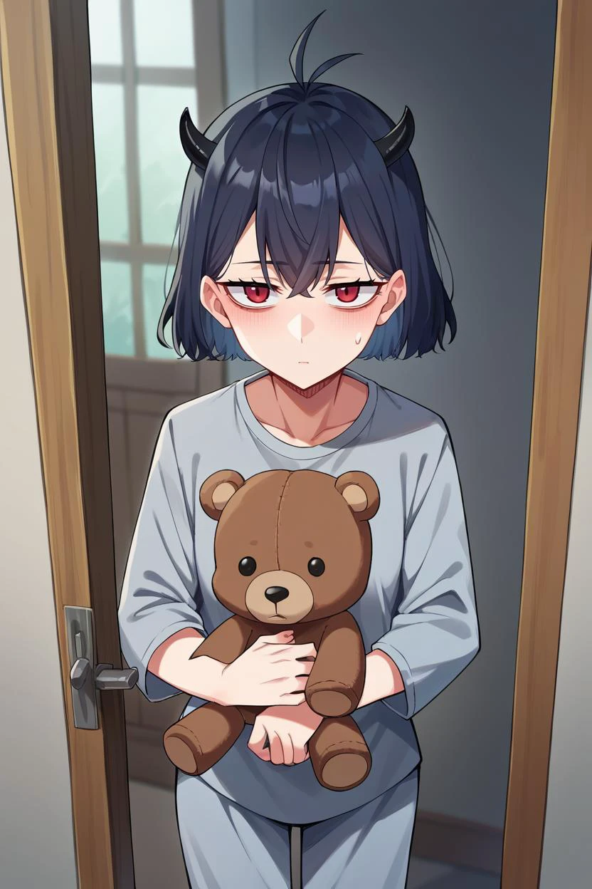 score_9, score_8_up, score_7_up, score_6_up, source_anime, BREAK 1girl, <lora:secre-pdxl-nvwls-v1-000006:1> secre, horns, black hair, grey pajamas, pajama pants, loose clothes, tired, holding teddy bear, doorway, looking at you