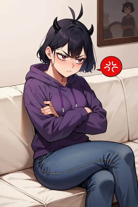 score_9, score_8_up, score_7_up, score_6_up, source_anime, BREAK 1girl,  <lora:secre-pdxl-nvwls-v1-000006:1> secre, horns, black hair, purple hoodie, pout, annoyed, sitting, jeans, sleeves past wrists, couch, crossed arms, spoken anger vein