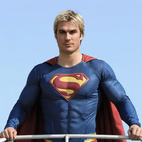 photo of 1an a man, blonde hair, at the top of a ferris wheel, fierce, ready, wearing a superman outfit, <lora:Ian_Somerhalder_SDXL:.9>