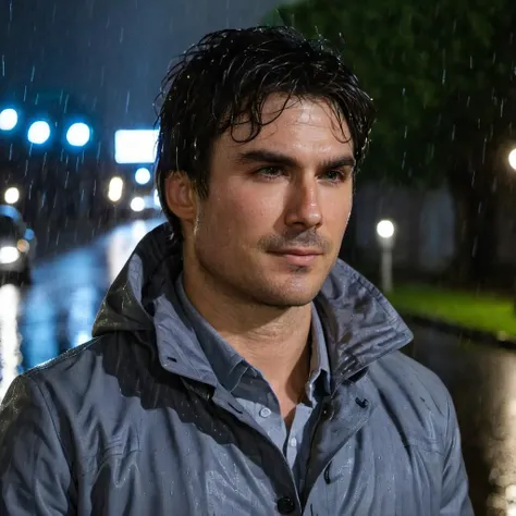 close-up photo of 1an a man, wearing a gray jacket, in the rain, on a street, nighttime, lights, <lora:Ian_Somerhalder_SDXL:.9>