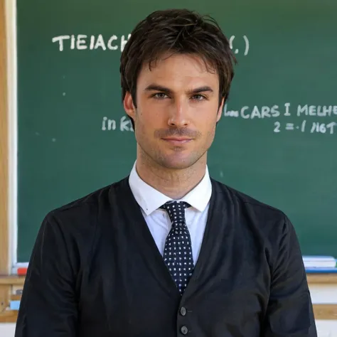 close-up photo of 1an a man, wearing a teacher outfit, at a school, board in background,  <lora:Ian_Somerhalder_SDXL:.9>
