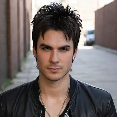 close-up photo of 1an a man, wearing a punk outfit, at an alley, bad boy vibes, <lora:Ian_Somerhalder_SDXL:.9>