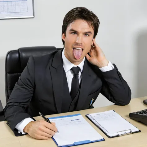 photo of 1an a man, wearing a business uniform, at an office desk, tongue out, uvula,  <lora:Ian_Somerhalder_SDXL:.9>,  <lora:concept_tongue_out_xl_1_standard_merger_57_80_04_06:.7>