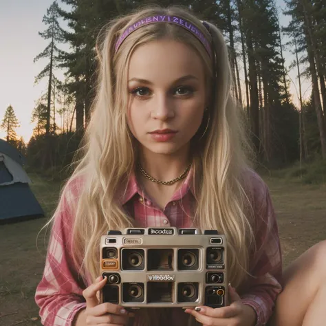 <lora:Jenny Poussin:1>, beautiful girl, Kooky portraits of 2000âs, typical 2000âs clothing style, (((shot on VHS))), photography, in a camping, realistic