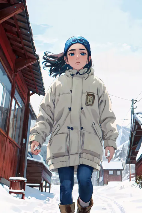 (best quality, masterpiece, RAW photo,ultra-detailed:1.2), <lyco:GoodHands-beta2:1.0>,1girl,solo,looking at viewer,ungry,
asirpa <lyco:asirpa-000008:0.95> nature, snow,blue hairband,walking, village,from below,black long hair,
