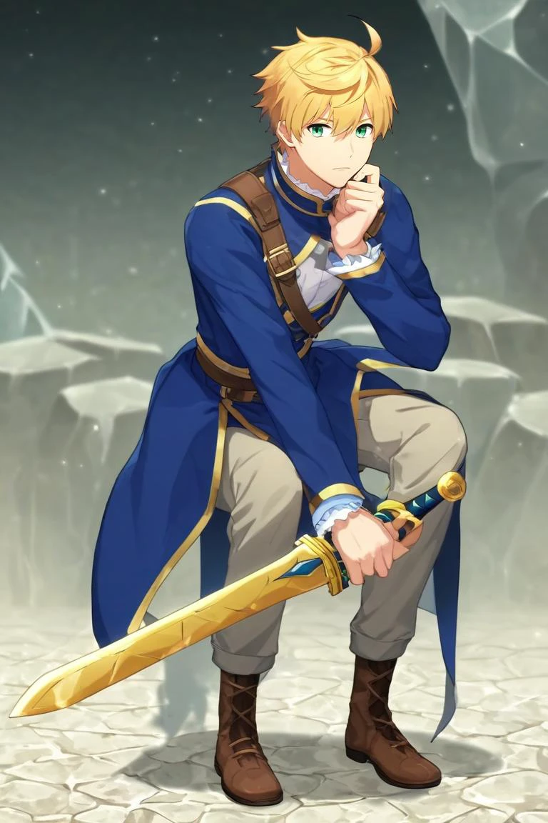 score_9, score_8_up, score_7_up, source_anime, rating_safe, intricate details, anime screencap, , , , depth of field, 1boy, solo, male focus, <lora:arthur_pendragon_fate_pony:0.9>, arthur_pendragon_fate, blonde hair, green eyes, short hair, ahoge, hair between eyes, bangs, , holding sword, straight-on, full body, cold, ice, light, breast rest, :o, thief costume, <lora:sdxl_lightning_8step_lora:1>