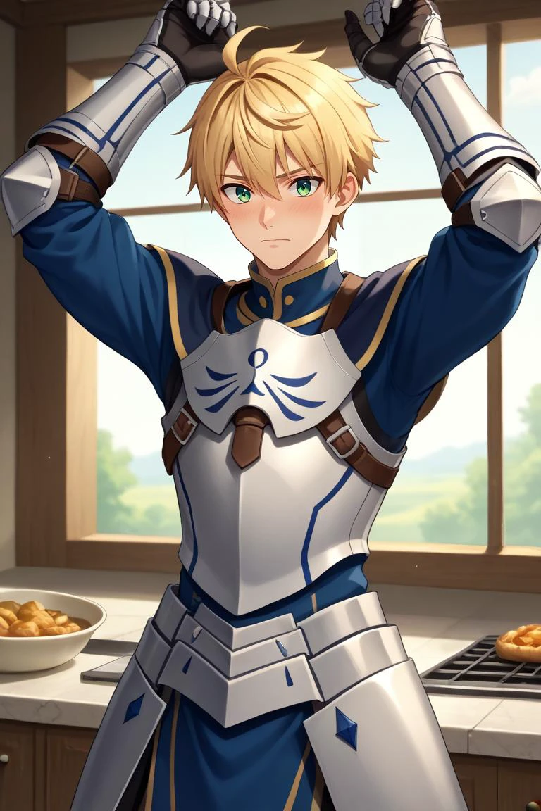 score_9, score_8_up, score_7_up, source_anime, rating_safe, , anime screencap, , , , depth of field, 1boy, solo, male focus, <lora:arthur_pendragon_fate_pony:0.78>, arthur_pendragon_fate, blonde hair, green eyes, short hair, ahoge, hair between eyes, bangs, armor, breastplate, gauntlets, pauldrons, holding sword, cowboy shot, kitchen, cooking, day, clouds, arms above head, embarrassed, nose blush, , <lora:sdxl_lightning_8step_lora:1>