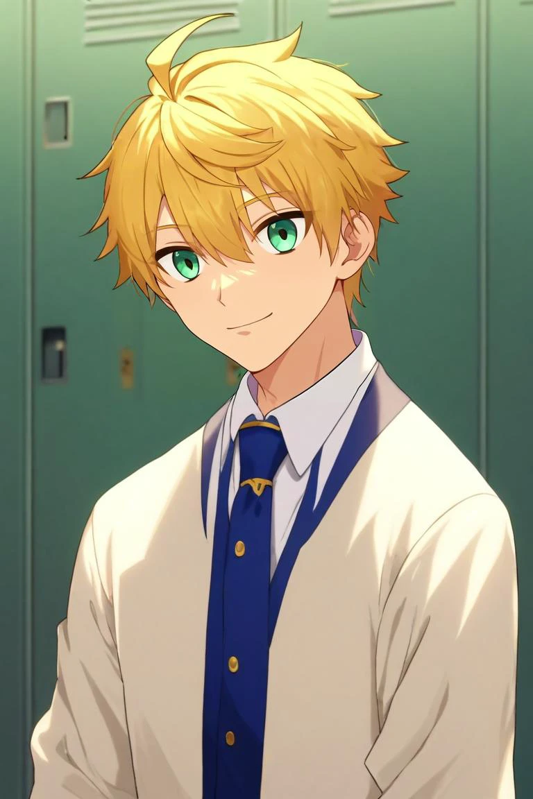 score_9, score_8_up, score_7_up, source_anime, rating_safe, intricate details, anime screencap, anime coloring, , , depth of field, 1boy, solo, male focus, <lora:arthur_pendragon_fate_pony:0.8>, arthur_pendragon_fate, blonde hair, green eyes, short hair, ahoge, hair between eyes, bangs, , , asymmetrical, locker room, indoors, dark, (pose), smile, , <lora:sdxl_lightning_8step_lora:1>