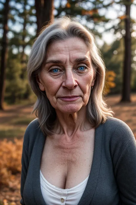 professional portrait photograph, front view, outdoor setting, warm lighting, (solo:1.3), staring into the camera, mature granny at a nature reserve, long grey hair, wrinkles, elderly facial features, hazy blue eyes, wearing a black cardigan, cleavage, bokeh, shot on canoneos90d, (hdr:1.2), (50 megapixel:1.4), (80mm:1.1), (wide color gamut:1.4), (absurd res:1.4), (High-quality photography:1.2)