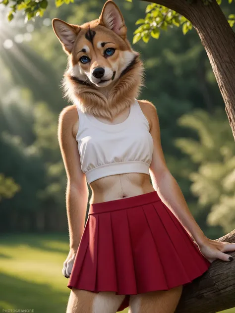 professional half shot photograph, front view, outside nature setting, shaded sunlight, (solo:1.3), looking at viewer, mammal, (canine anthro domestic dog). clothing, bottomwear, topwear, female, smile, blue eyes, (fur), eyelashes, canid, small breasts, narrowed eyes, canine face, outside, skirt, red bottomwear, crop top, white topwear, canine, fingers, (tuft), tan body, midriff, navel, (facial tuft), (tan fur), (cheek tuft), half-closed eyes, seductive, teeth, eyebrows, black nose, bedroom eyes, disney, light, tree, log, red clothing, white clothing, (tail) through skirt, head tuft, brown fur, (furry body), standing, (photo background), (body covered in thick fur:1.05), (photography style disney:1.2), (hi res:1.2), (absurd res:1.2), (High-quality photography:1.2)