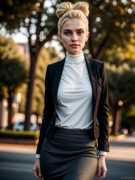 professional half shot photograph, front view, outdoor setting, warm lighting, (solo:1.35), staring into the camera, sexy strong independent woman, wearing a business suit, clothed, clothing, fully clothed, bottomwear, pencil skirt, topwear, turtleneck sweater, suit jacket, blonde bun hair, serious face, small breasts, hips, (thighs), standing, bokeh, shot on Nikon D750, (hdr:1.2), (4k:1.4), (200 megapixel:1.4), (80mm:1.1), (wide color gamut:1.4), (hi res:1.4), (absurd res:1.4), (High-quality photography:1.2)