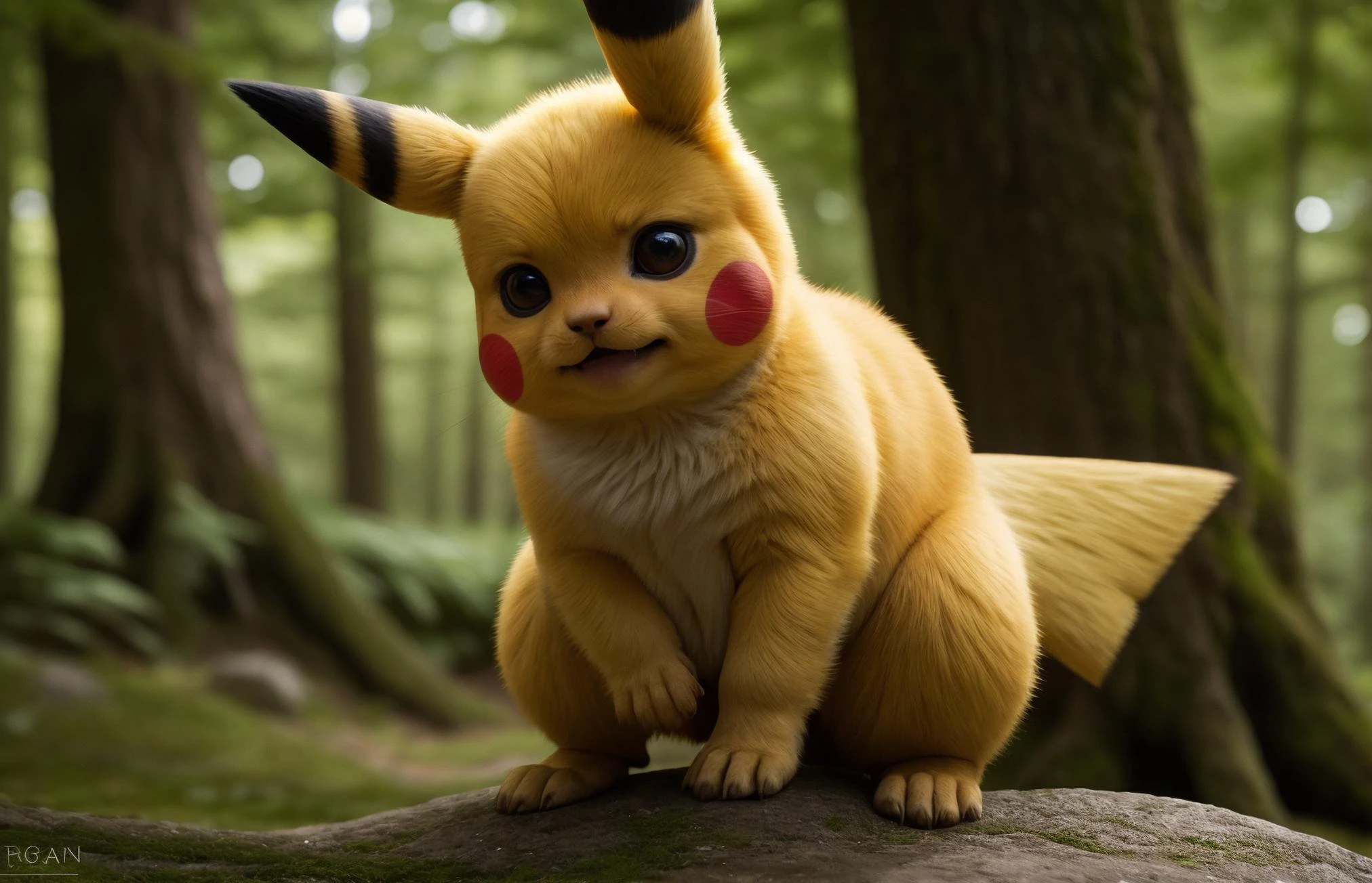 highly detailed professional photograph, action shot, dynamic master shot view, viridian forest setting, vivid lighting, (solo:1.3), looking at viewer, BREAK of ([real:-1.5]) life feral pikachu, anatomically correct BREAK full-length portrait, symmetrical, detailed fur texture, (bokeh), (shot on canoneos90d:1.05), (hdr:1.2), (4k:1.1), (200 megapixel:1.1), (80mm:1.1), (wide color gamut:1.2), (hi res:1.2), (absurd res:1.2), (High-quality photography:1.2), by worlds best photographer