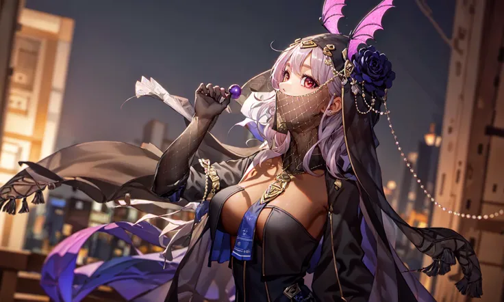 masterpiece, best quality, veil, 
1girl, solo, bust, profile, looking at viewer, [[half-closed eye]], <lora:outfit-manticore-pynoise:1>, outfit-manticore, veil, bodystocking, (purple pearl),