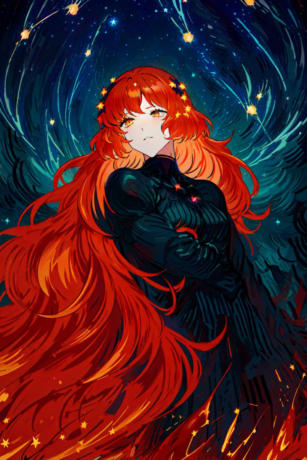 masterpiece, best quality, ultra-detailed, absurdres, particles,(glowing eyes:1.3), depth of field, night, blurry background,beautiful light and shade,
(beautiful starry night sky,burning city background:1.6),
(flame theme,burning fire clothing,:1.4),
butterfly theme,red and orange,
1girl, red eyes,fiery-form,fiery-butterfly wings on back,
(long wavy hair:1.4),(multicolored hair, orange hair|dark red hair:1.45),
detailed eyes, wide-eyed, eyelashes,moth's feathery antennae, monster girl, outdoors,
<lora:ishmael-limbus-v4-wasabiya:1> ishmael, freckle
<lora:DarkIncursioStyle:0.5> , (dark environment)
<lora:Mp:0.8>