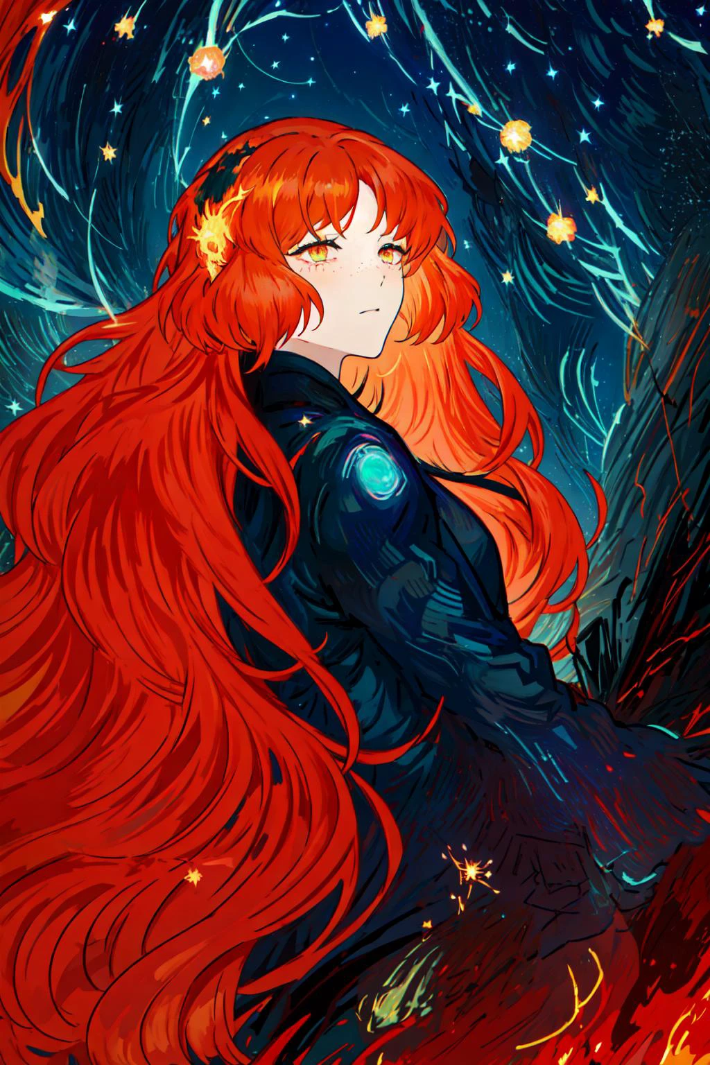masterpiece, best quality, ultra-detailed, absurdres, particles,(glowing eyes:1.3), depth of field, night, blurry background,beautiful light and shade,
(beautiful starry night sky,burning city background:1.6),
(flame theme,burning,flame clothing,:1.4),
butterfly theme,red and orange,
1girl, red eyes,fiery-form,fiery-butterfly wings on back,
(long wavy hair:1.4),(multicolored hair, orange hair|dark red hair:1.45),
detailed eyes, wide-eyed, eyelashes,moth's feathery antennae, monster girl, outdoors,
<lora:ishmael-limbus-v4-wasabiya:1> ishmael, freckle
<lora:DarkIncursioStyle:0.5> , (dark environment)
<lora:Mp:0.8>