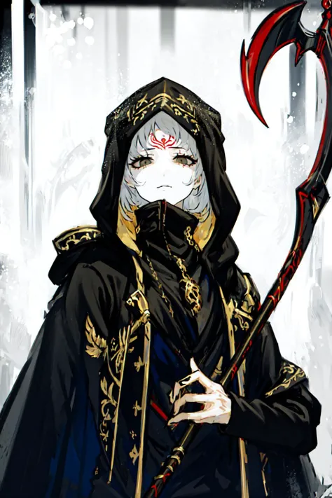 masterpiece, best quality,1girl,hood,tattoo,Scythe,holding_scythe, <lora:Mp:1>,scarf