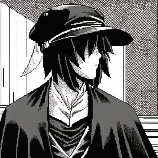 <lora:dithering2:1>, dithering, pixel art, halftone, pattern, , 4koma, animal ears, antenna, antennae, cape, comic, hat, highres, manly, monochrome, multiple tails, short hair, tail, wings, wink