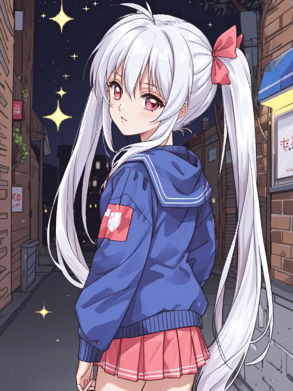 masterpiece, best quality,
1girl, (solo),
(" ")
glowing hair, white hair, sparkling hair,
" ",
twintails,
(outdoor clothes,:1.2)
backalley,
" "
<lora:dithering2:1> DITHERING,PIXEL ART,HALFTONE,PATTERN,