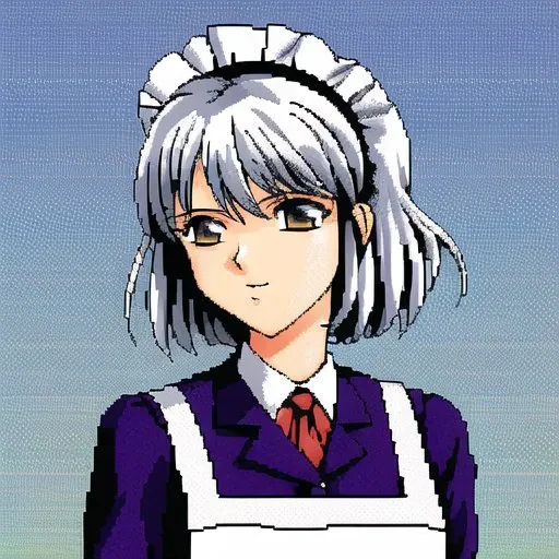 <lora:dithering2:1>, dithering, pixel art, halftone, pattern, back, cover, highres, knife, maid, maid headdress, petals, short hair, silver hair